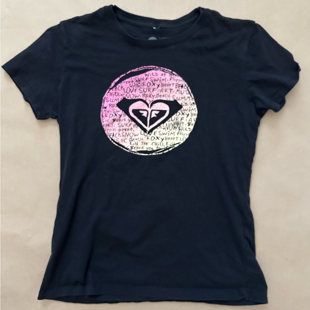 Roxy Black Short Sleeve Tee with Pink and White Graphic